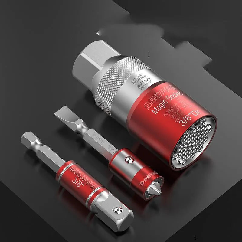Red multi function socket set with 7-19mm and 9-21mm universal sleeves and wrench socket