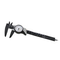 Black plastic vernier caliper showing 0-150mm scale with stainless steel measuring jaws