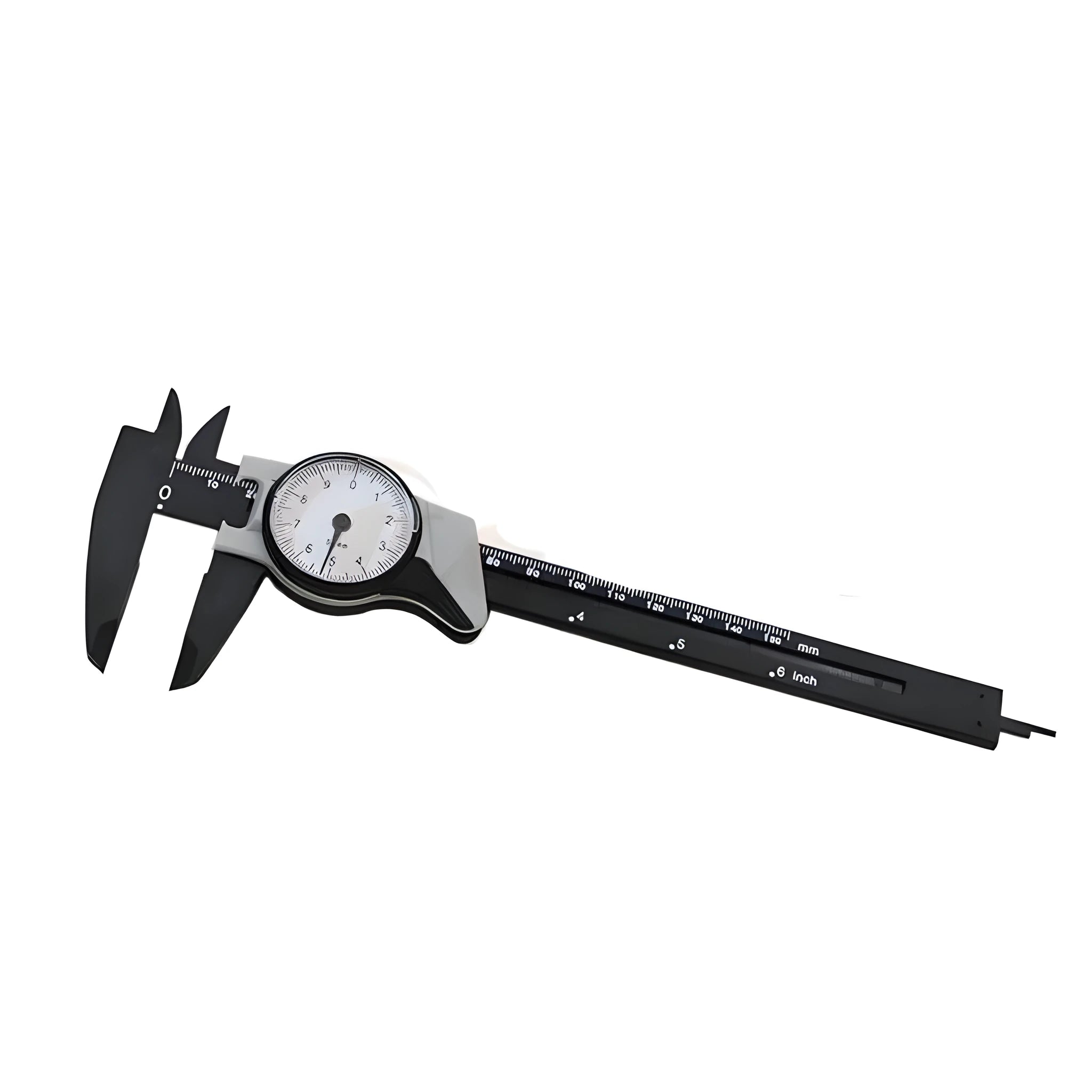 Black plastic vernier caliper showing 0-150mm scale with stainless steel measuring jaws