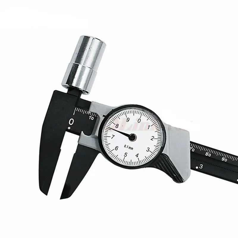 Black plastic vernier caliper showing 0-150mm scale with stainless steel measuring jaws