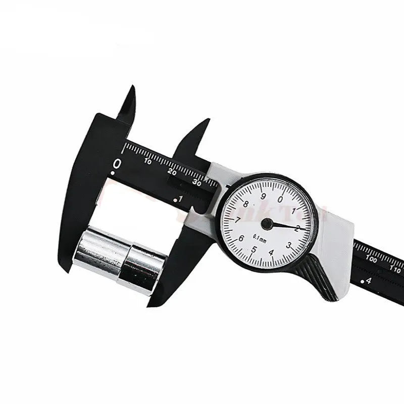 Black plastic vernier caliper showing 0-150mm scale with stainless steel measuring jaws