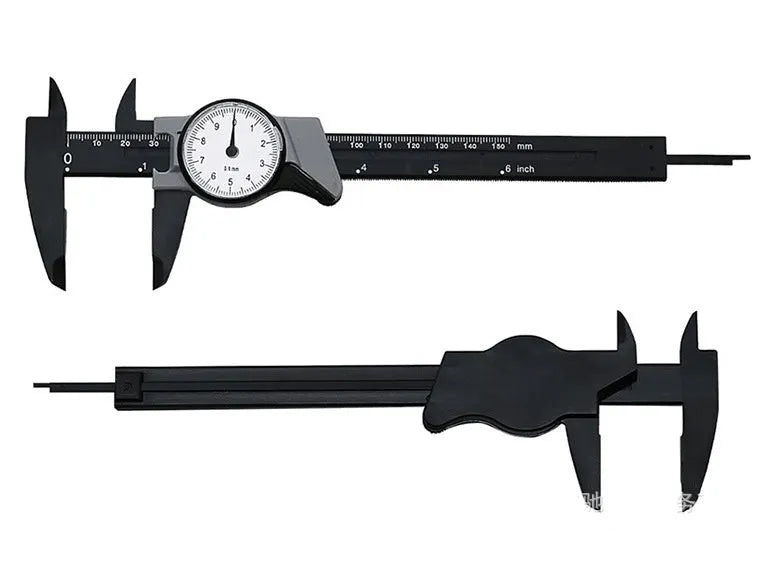 Black plastic vernier caliper showing 0-150mm scale with stainless steel measuring jaws
