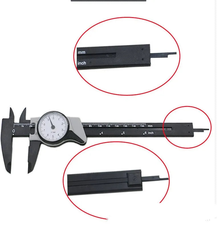 Black plastic vernier caliper showing 0-150mm scale with stainless steel measuring jaws