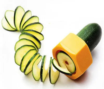 Yellow and green spiral vegetable cutter with food-grade plastic construction