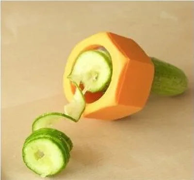 Yellow and green spiral vegetable cutter with food-grade plastic construction