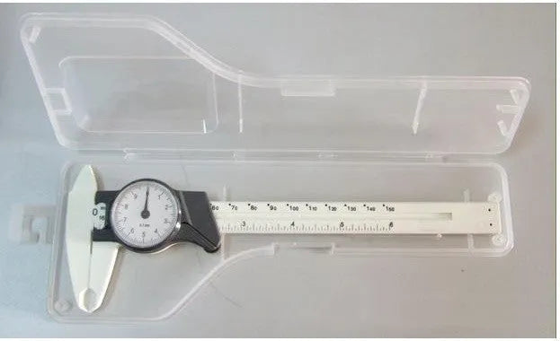 Black plastic vernier caliper showing 0-150mm scale with stainless steel measuring jaws
