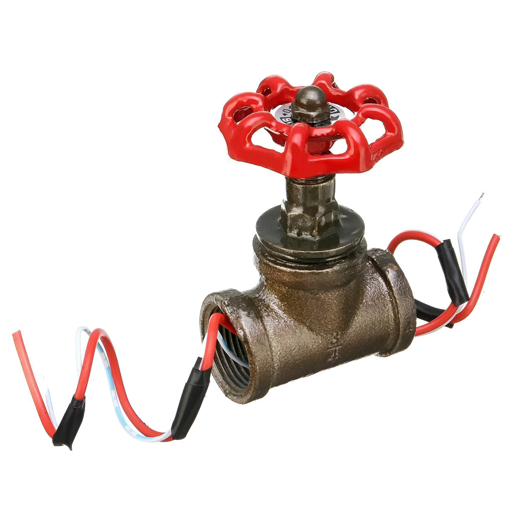 Steampunk industrial valve with red switch on grey copper tee body and wire fittings