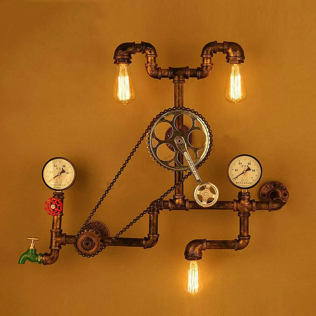 Steampunk industrial valve with red switch on grey copper tee body and wire fittings