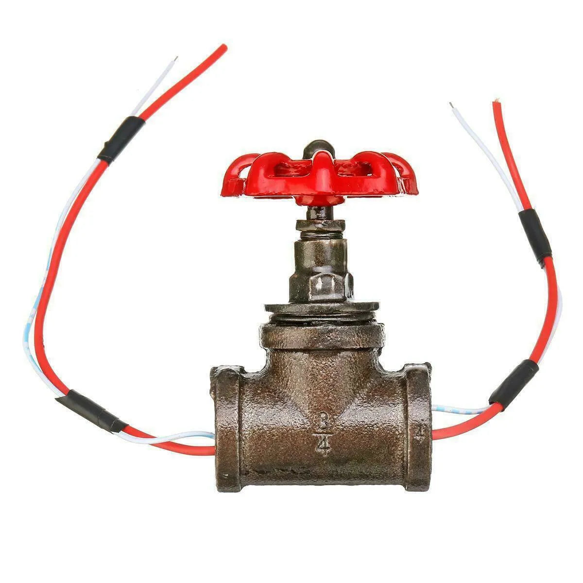 Steampunk industrial valve with red switch on grey copper tee body and wire fittings