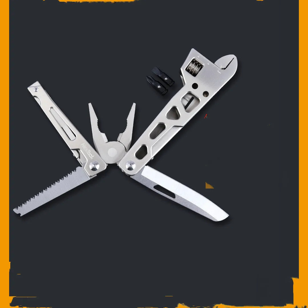 White stainless steel multi-function tool showing wrench, knife blade, and needle-nose pliers heads.