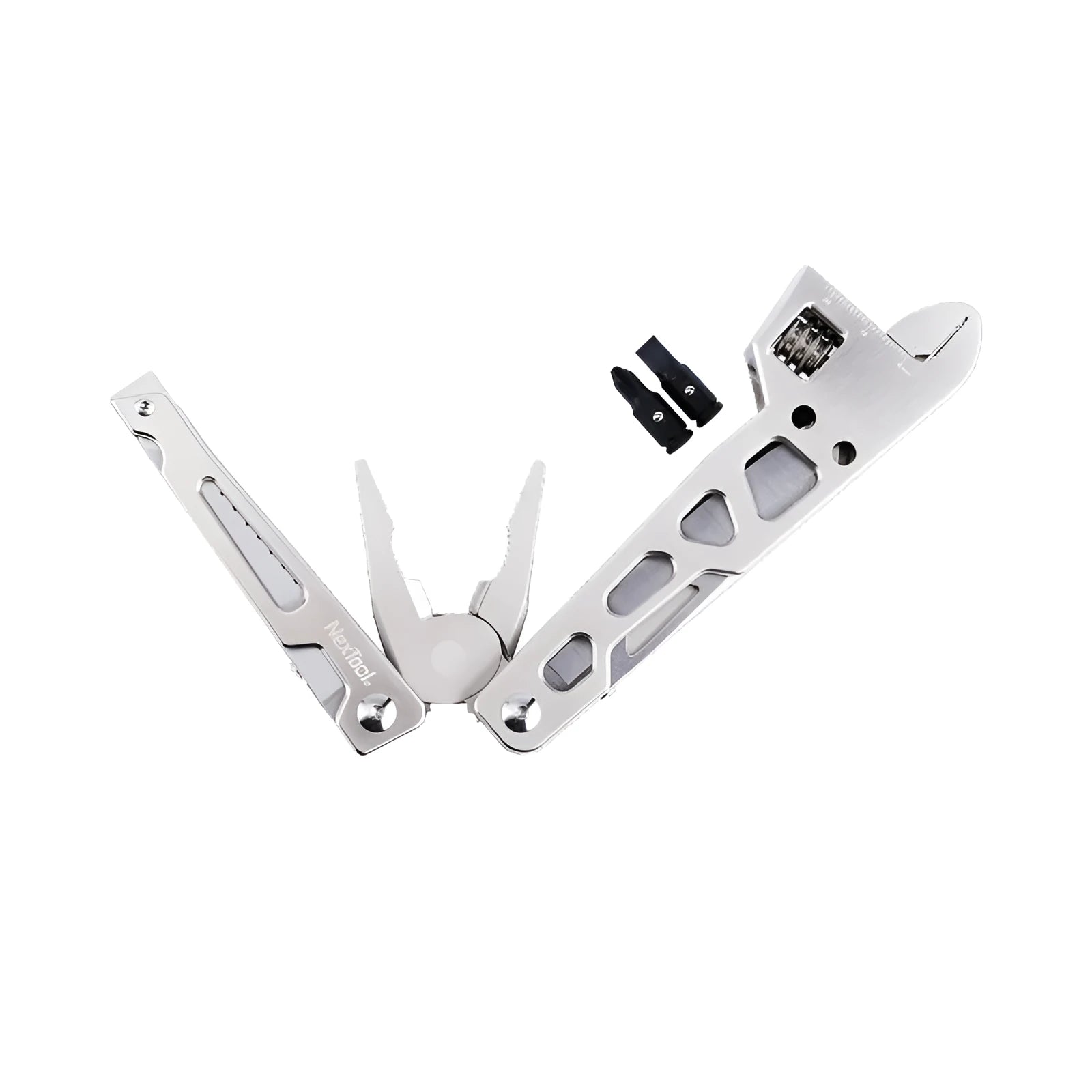 White stainless steel multi-function tool showing wrench, knife blade, and needle-nose pliers heads.