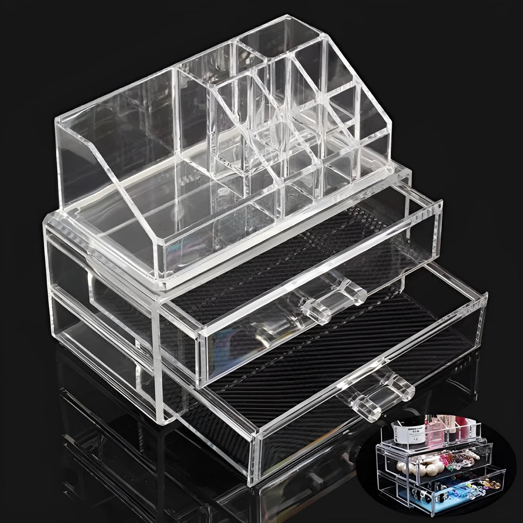 Clear acrylic storage container with foldable design for cosmetics organisation