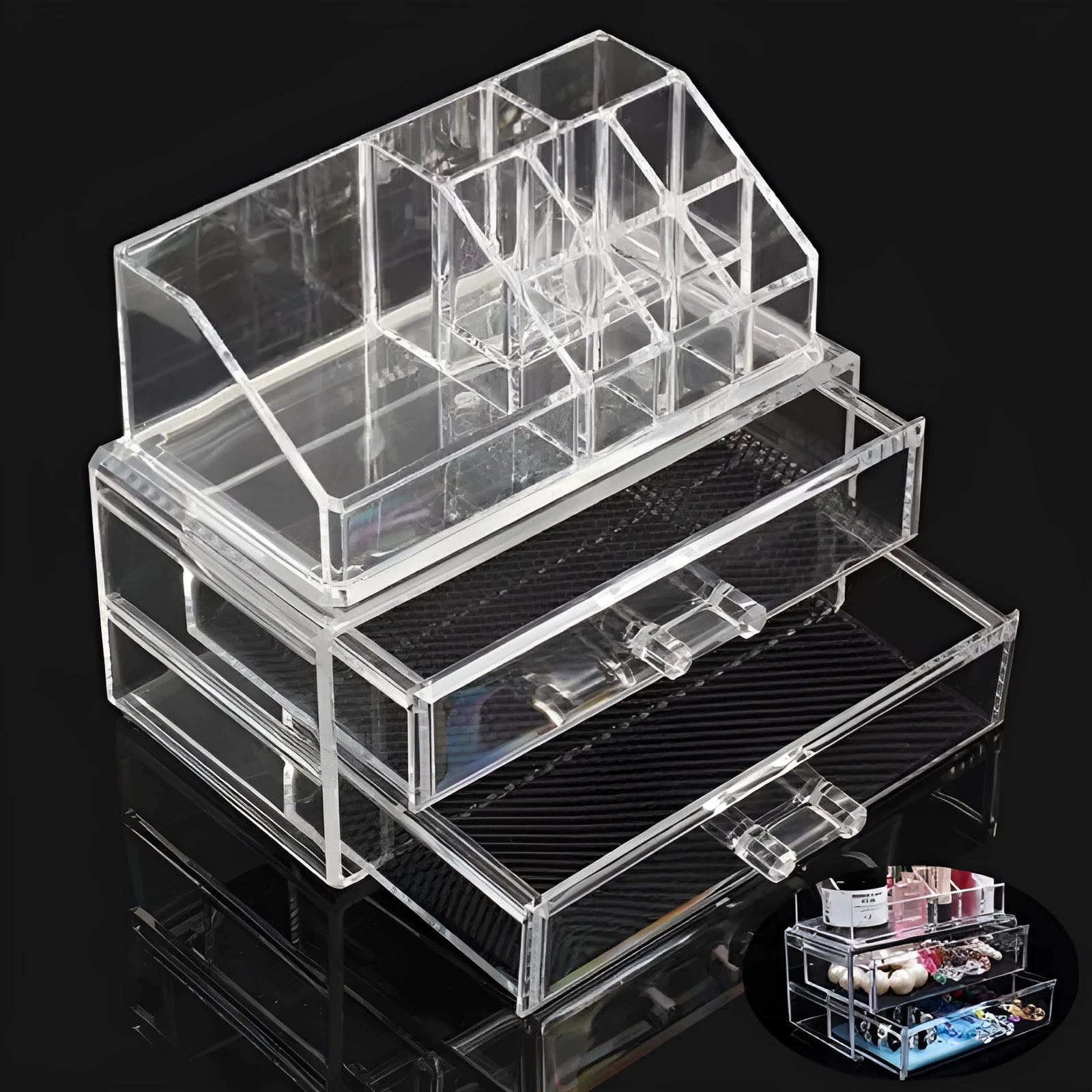 Clear acrylic storage container with foldable design for cosmetics organisation