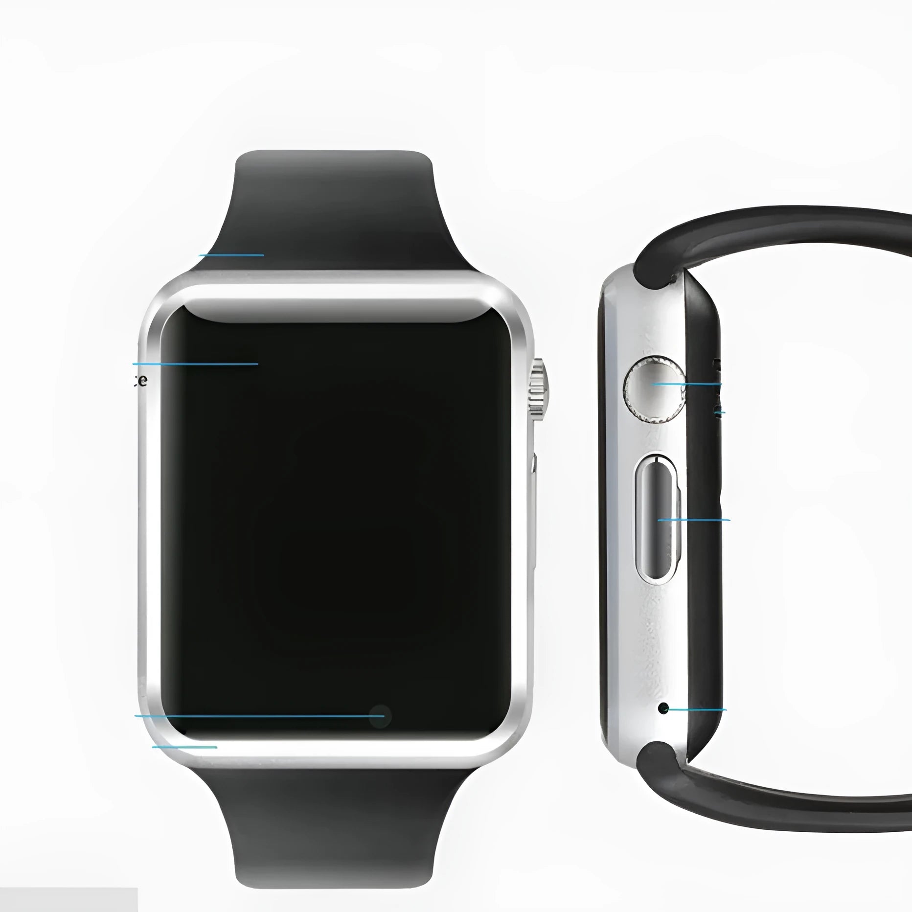 A1 smart watch with 1.54-inch screen showing Android interface, available in black silver white gold pink red green blue