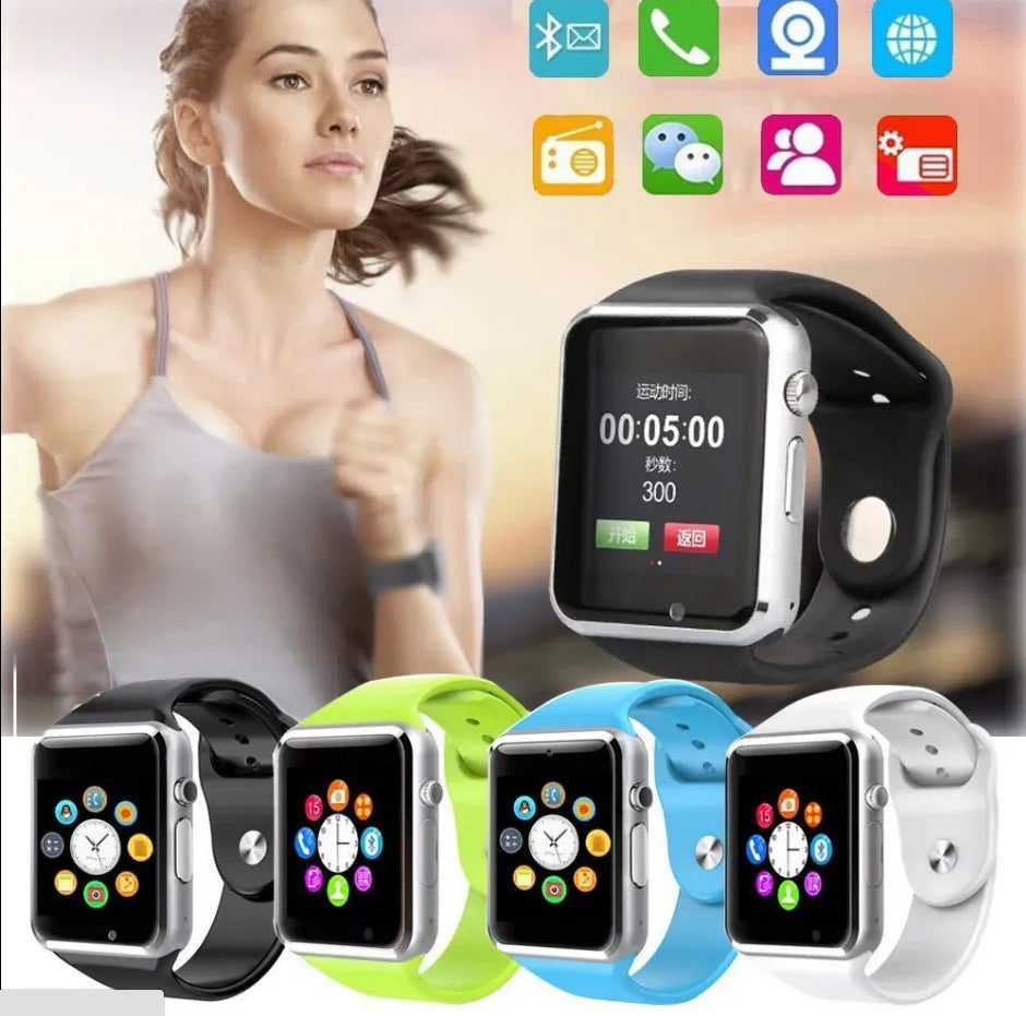 A1 smart watch with 1.54-inch screen showing Android interface, available in black silver white gold pink red green blue