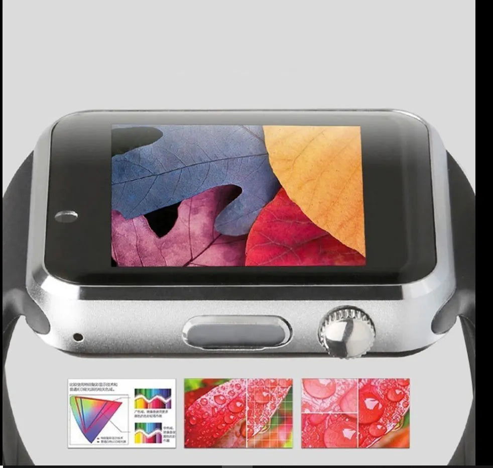 A1 smart watch with 1.54-inch screen showing Android interface, available in black silver white gold pink red green blue