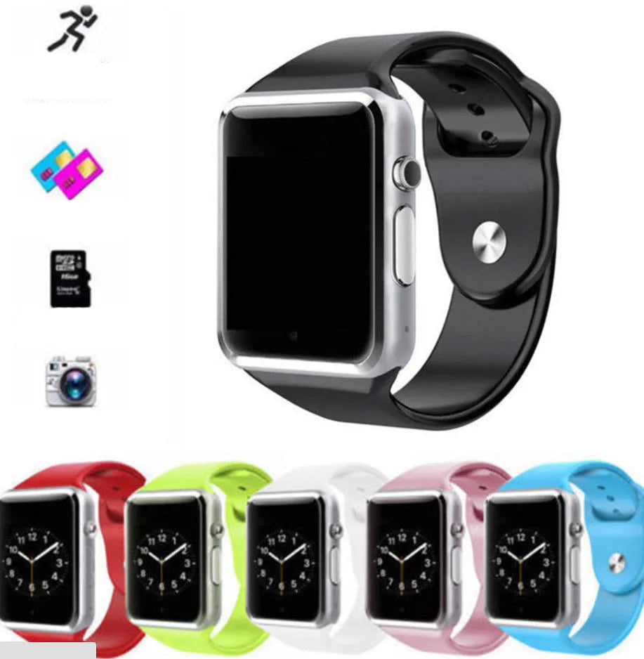 A1 smart watch with 1.54-inch screen showing Android interface, available in black silver white gold pink red green blue