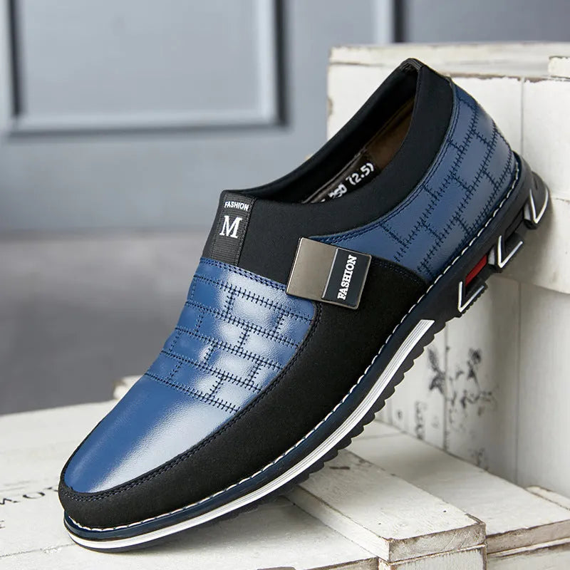 Men's leather casual shoes in black, blue, brown, and white colour options showing low-top design
