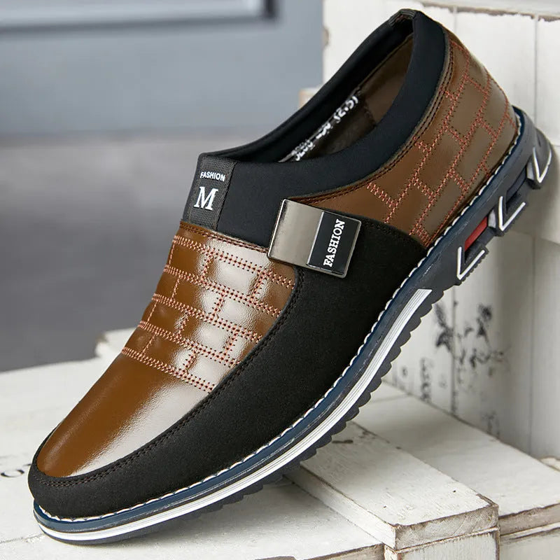 Men's leather casual shoes in black, blue, brown, and white colour options showing low-top design