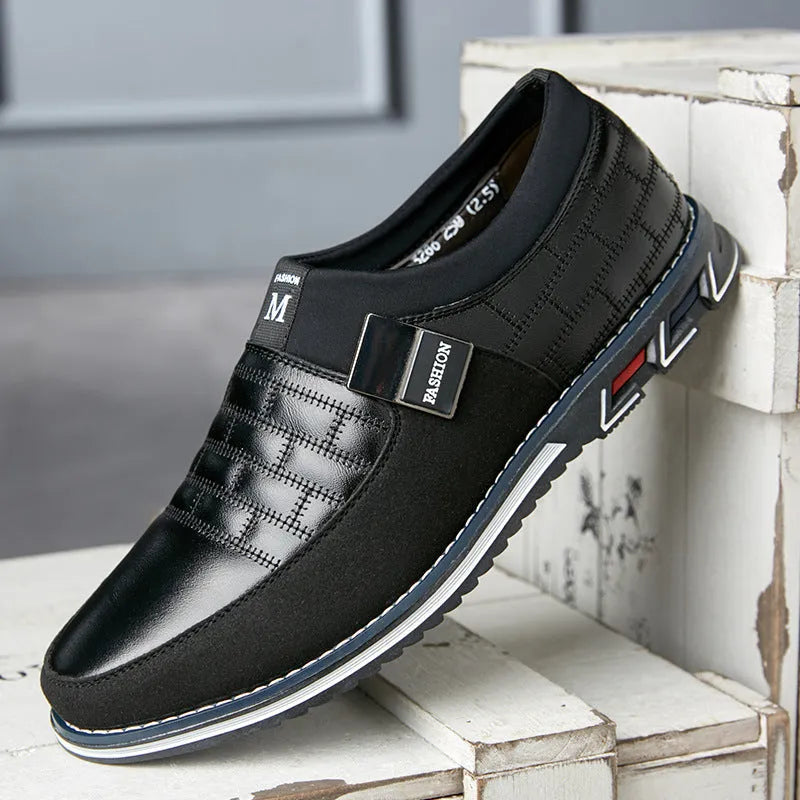 Men's leather casual shoes in black, blue, brown, and white colour options showing low-top design