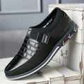 Men's leather casual shoes in black, blue, brown, and white colour options showing low-top design