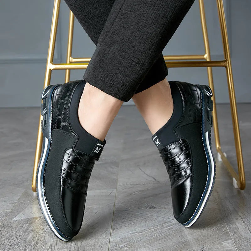 Men's leather casual shoes in black, blue, brown, and white colour options showing low-top design