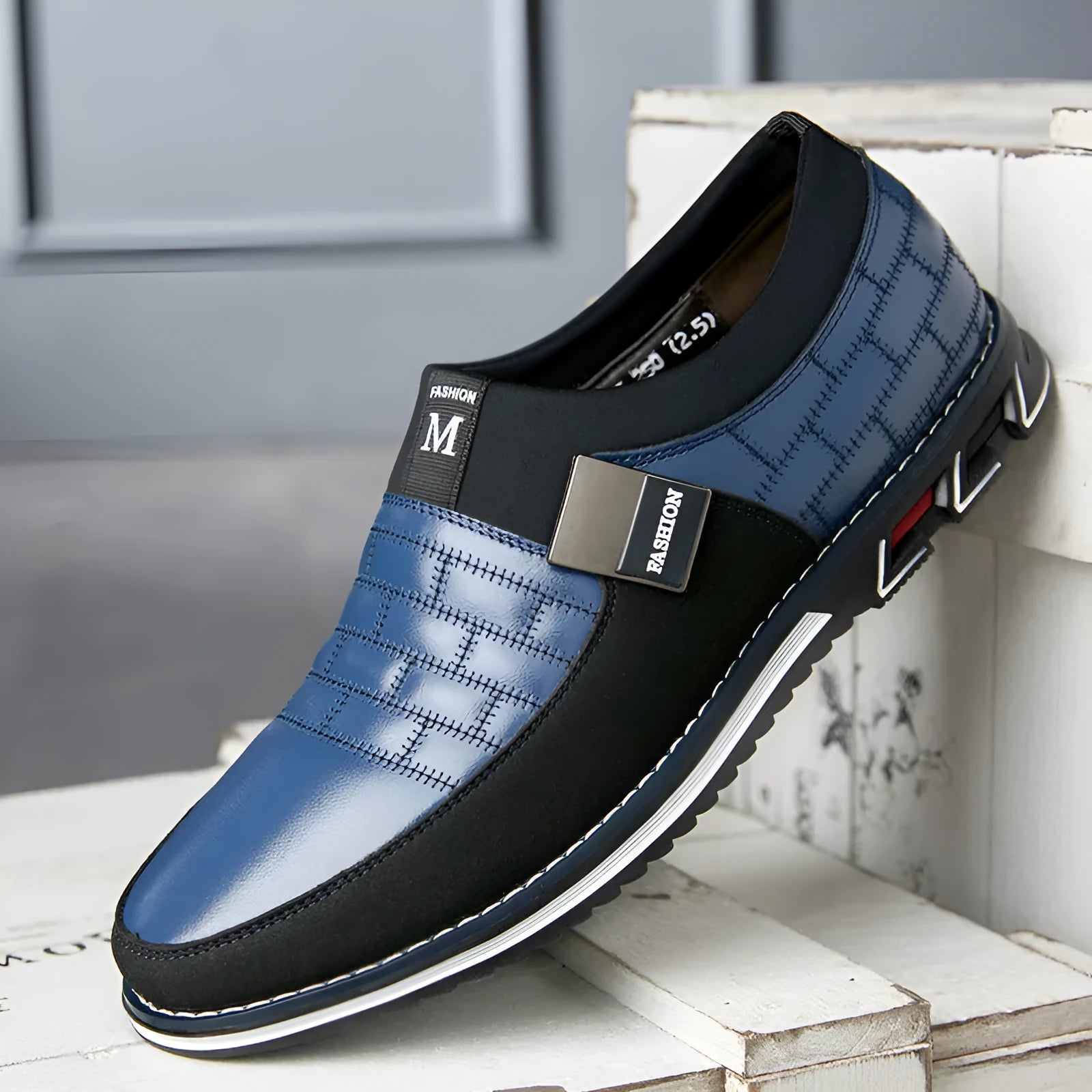 Men's leather casual shoes in black, blue, brown, and white colour options showing low-top design