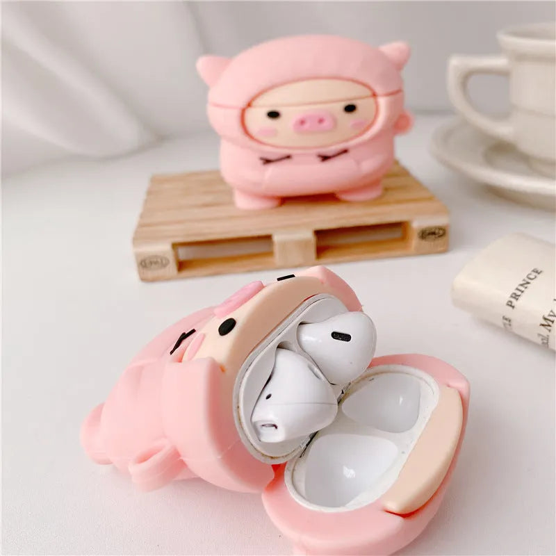 Pink pig cartoon design silicone cover for AirPods 1, 2, and Pro with flip opening and carry hook
