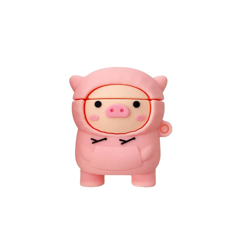 Pink pig cartoon design silicone cover for AirPods 1, 2, and Pro with flip opening and carry hook