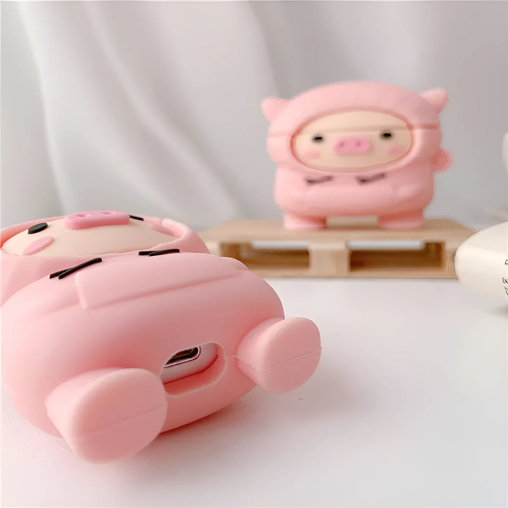 Pink pig cartoon design silicone cover for AirPods 1, 2, and Pro with flip opening and carry hook