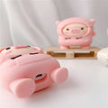 Pink pig cartoon design silicone cover for AirPods 1, 2, and Pro with flip opening and carry hook