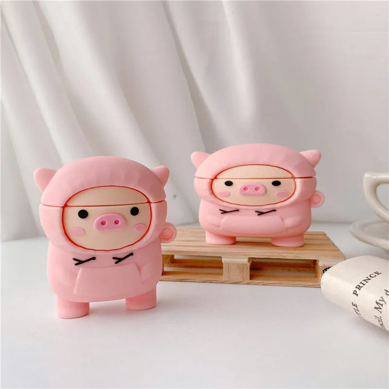 Pink pig cartoon design silicone cover for AirPods 1, 2, and Pro with flip opening and carry hook