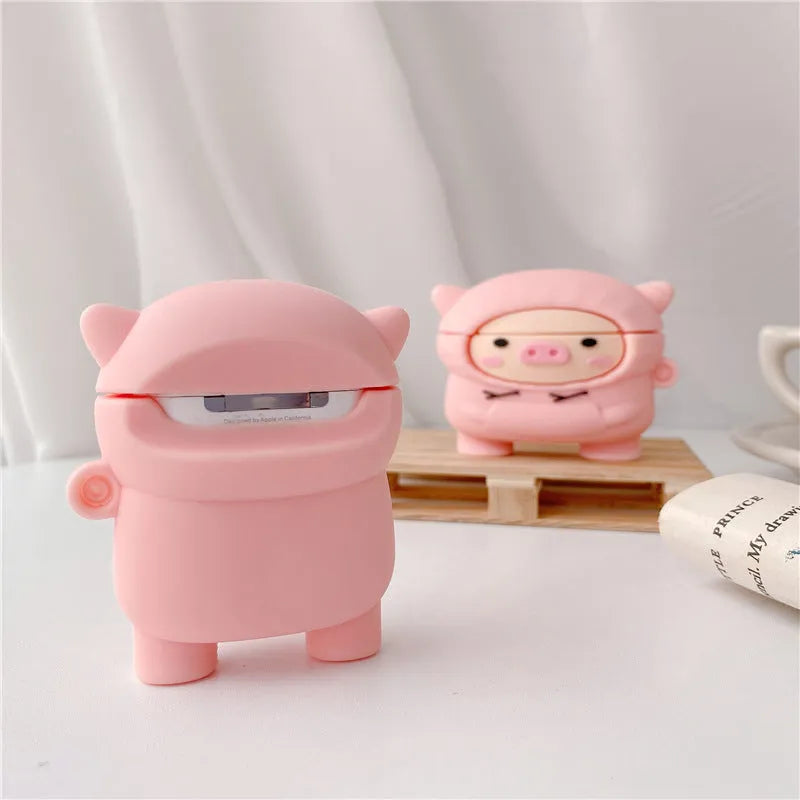 Pink pig cartoon design silicone cover for AirPods 1, 2, and Pro with flip opening and carry hook