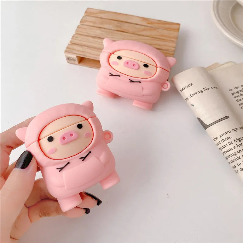 Pink pig cartoon design silicone cover for AirPods 1, 2, and Pro with flip opening and carry hook