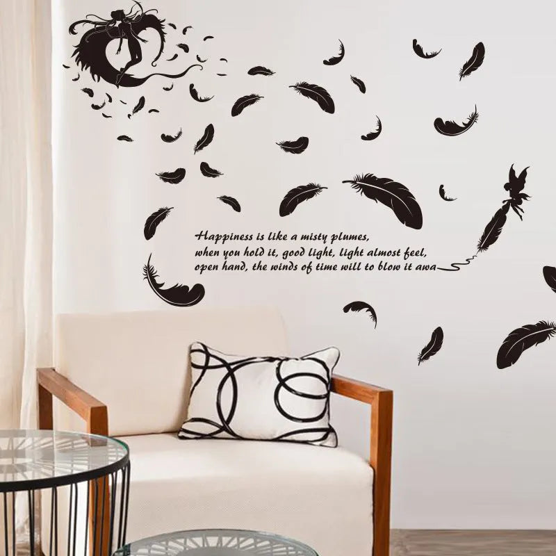 Black angel feather three generations design removable wall sticker measuring 50 by 70 cm.