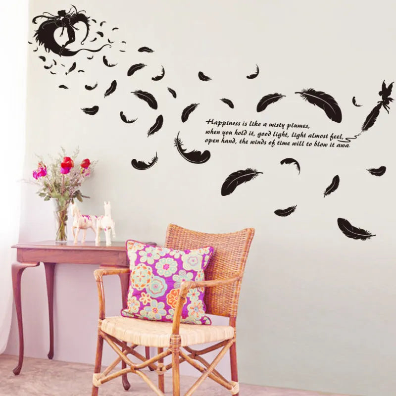 Black angel feather three generations design removable wall sticker measuring 50 by 70 cm.