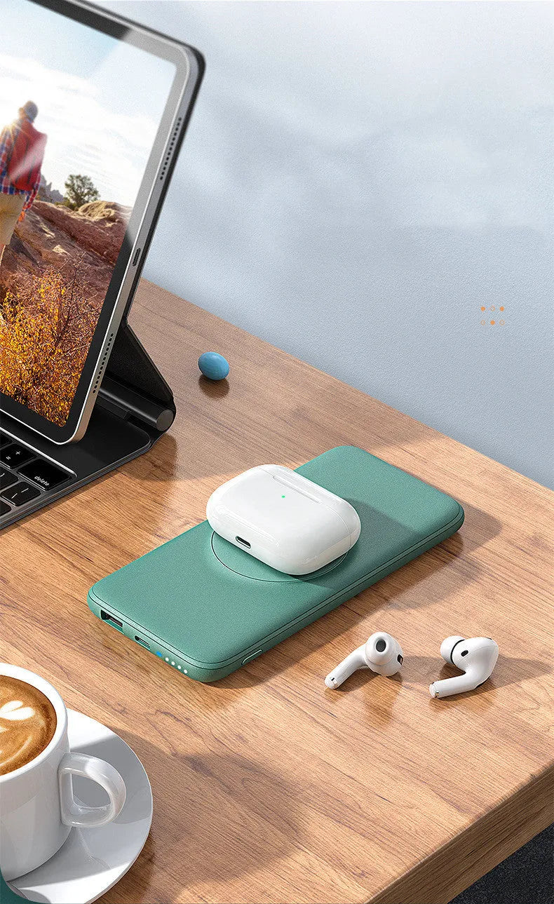 Mint green magnetic wireless charging power bank with MagSafe compatibility and rear clip