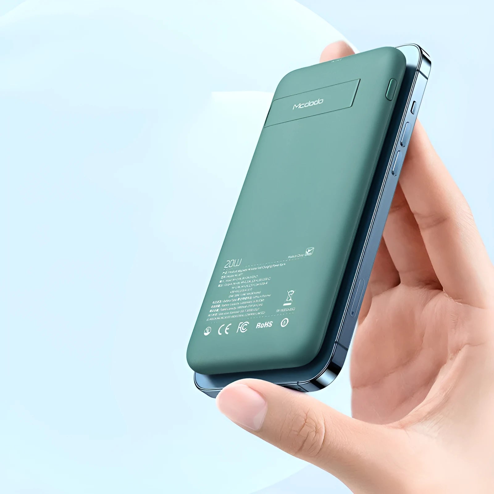 Mint green magnetic wireless charging power bank with MagSafe compatibility and rear clip