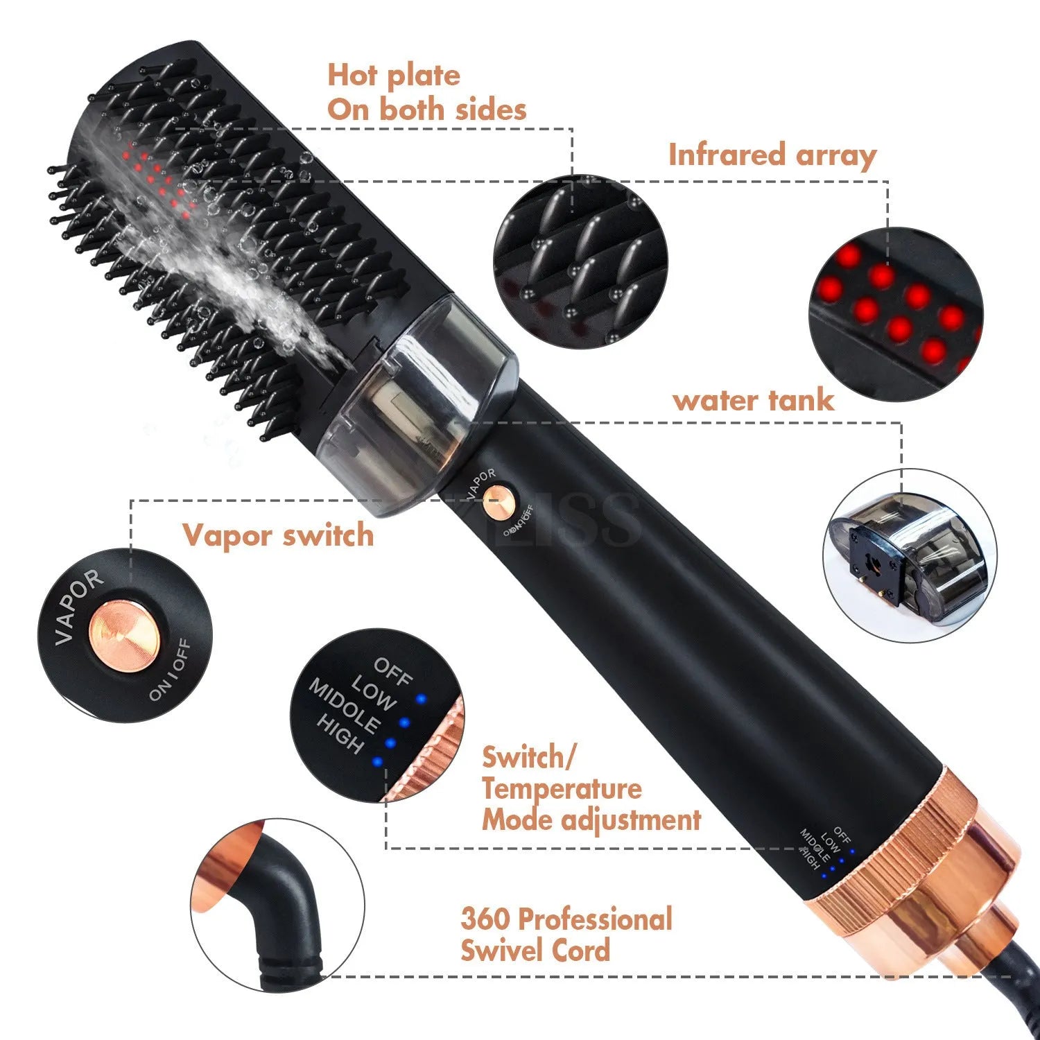 Black and pink infrared hot air comb for dry hair styling with tourmaline ceramic heating