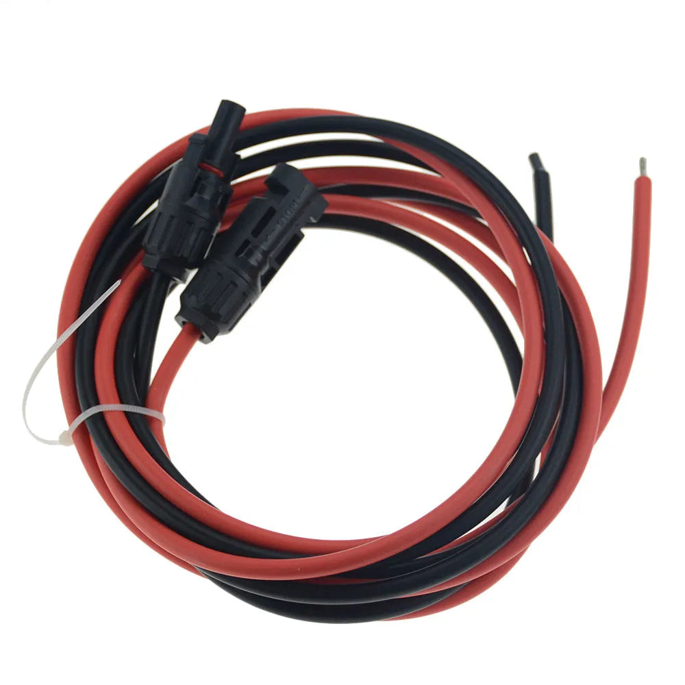 MC4 connector solar extension cable reel showing black and red variants with plug and socket ends.