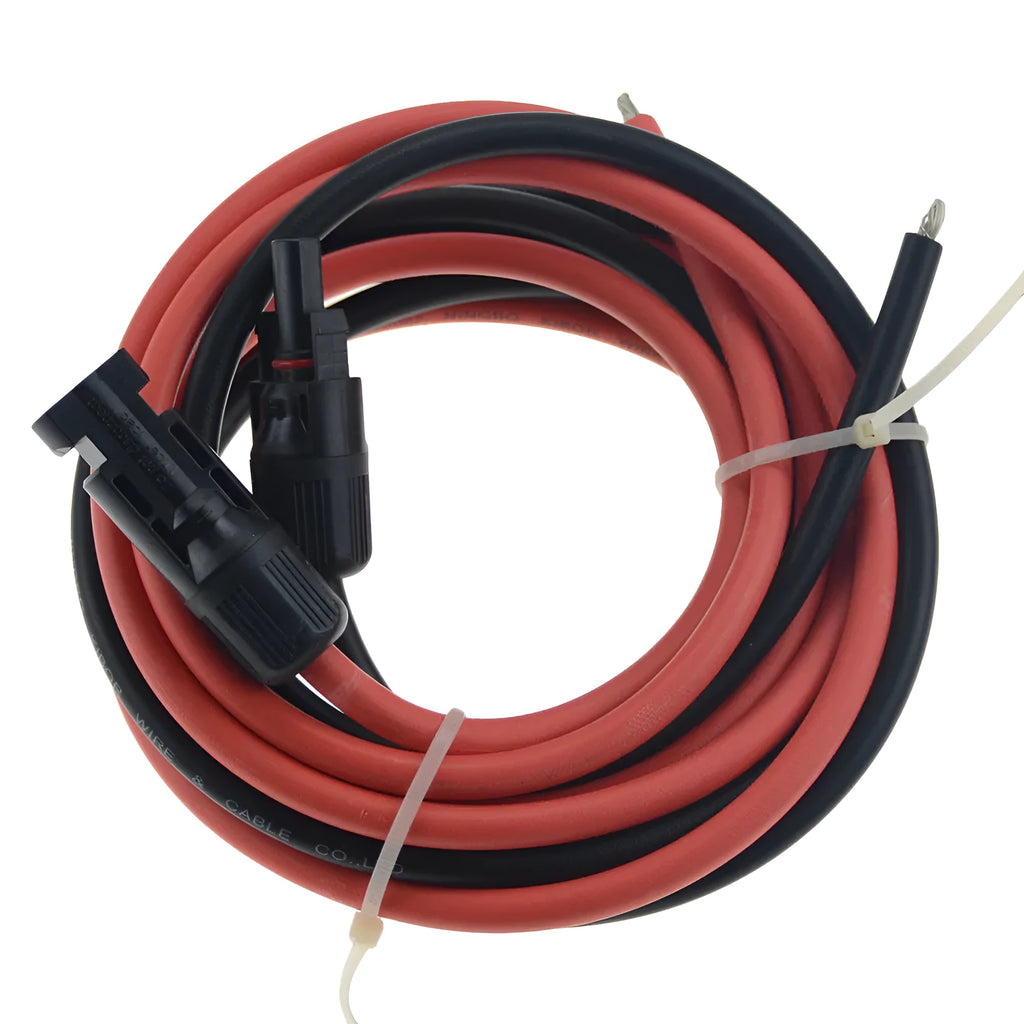 MC4 connector solar extension cable reel showing black and red variants with plug and socket ends.