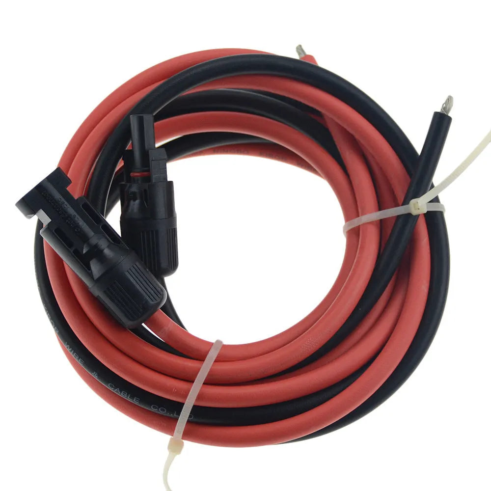MC4 connector solar extension cable reel showing black and red variants with plug and socket ends.