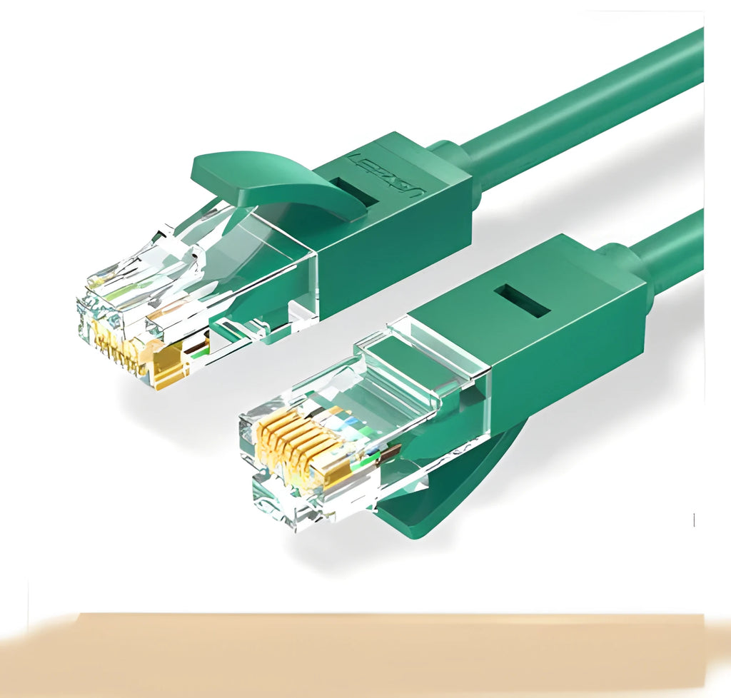 UGREEN green coloured Category 7 shielded Ethernet cable with RJ45 connectors, shown in 1m and 2m length options.