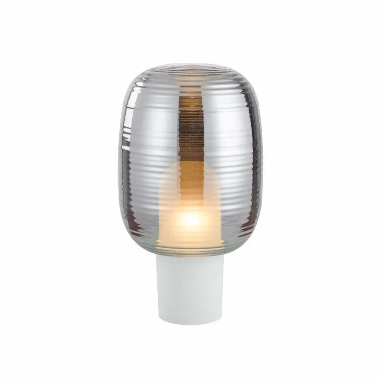 Simple modern glass table lamp in cognac or smoky grey with push button switch and LED light for living room