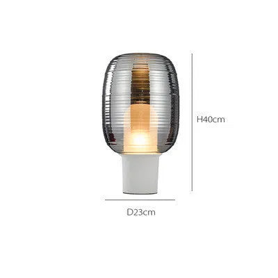 Simple modern glass table lamp in cognac or smoky grey with push button switch and LED light for living room