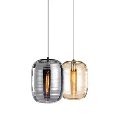 Simple modern glass table lamp in cognac or smoky grey with push button switch and LED light for living room