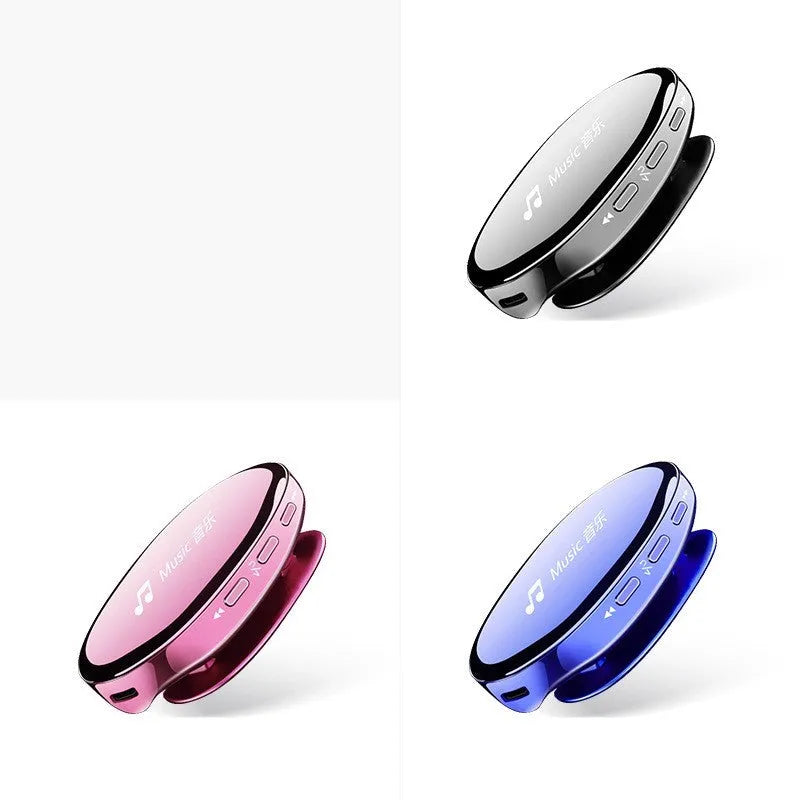 Bluetooth MP4 music player with OLED screen in blue, black or rose gold colours showing playback controls