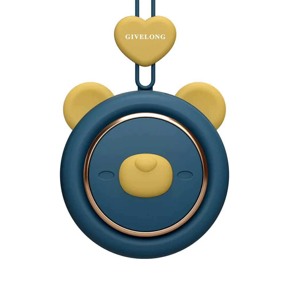 Mini bladeless neck band personal fan with hanging rope, shown in blue colour option.