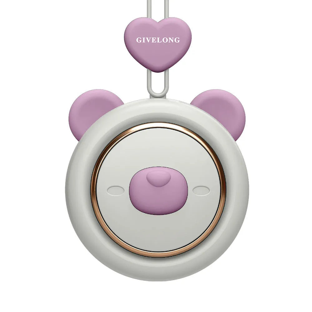 Mini bladeless neck band personal fan with hanging rope, shown in blue colour option.