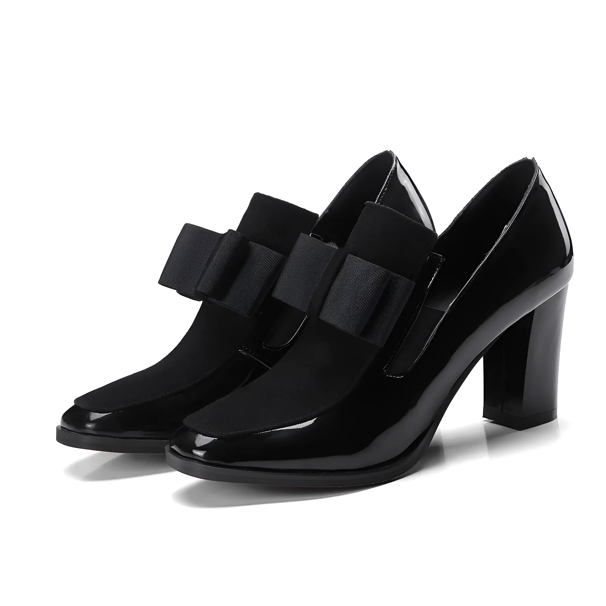 Women's black patent leather high heels with thick heel and square toe design
